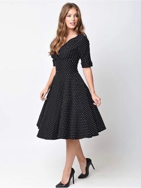 Unique Vintage Black Polka Dot Midi Fit-and-Flare Dress